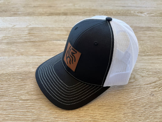 American Reins Leather Patch Trucker Hat - Black + White