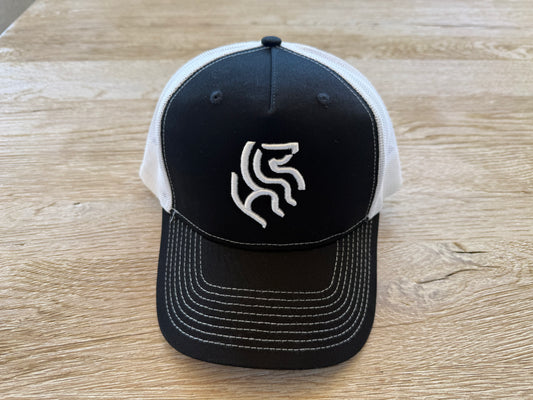 American Reins Puff Embroidery Trucker Hat - Black + White