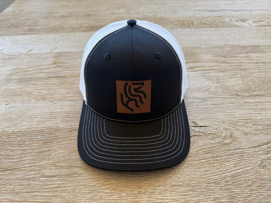 American Reins Leather Patch Trucker Hat - Black + White