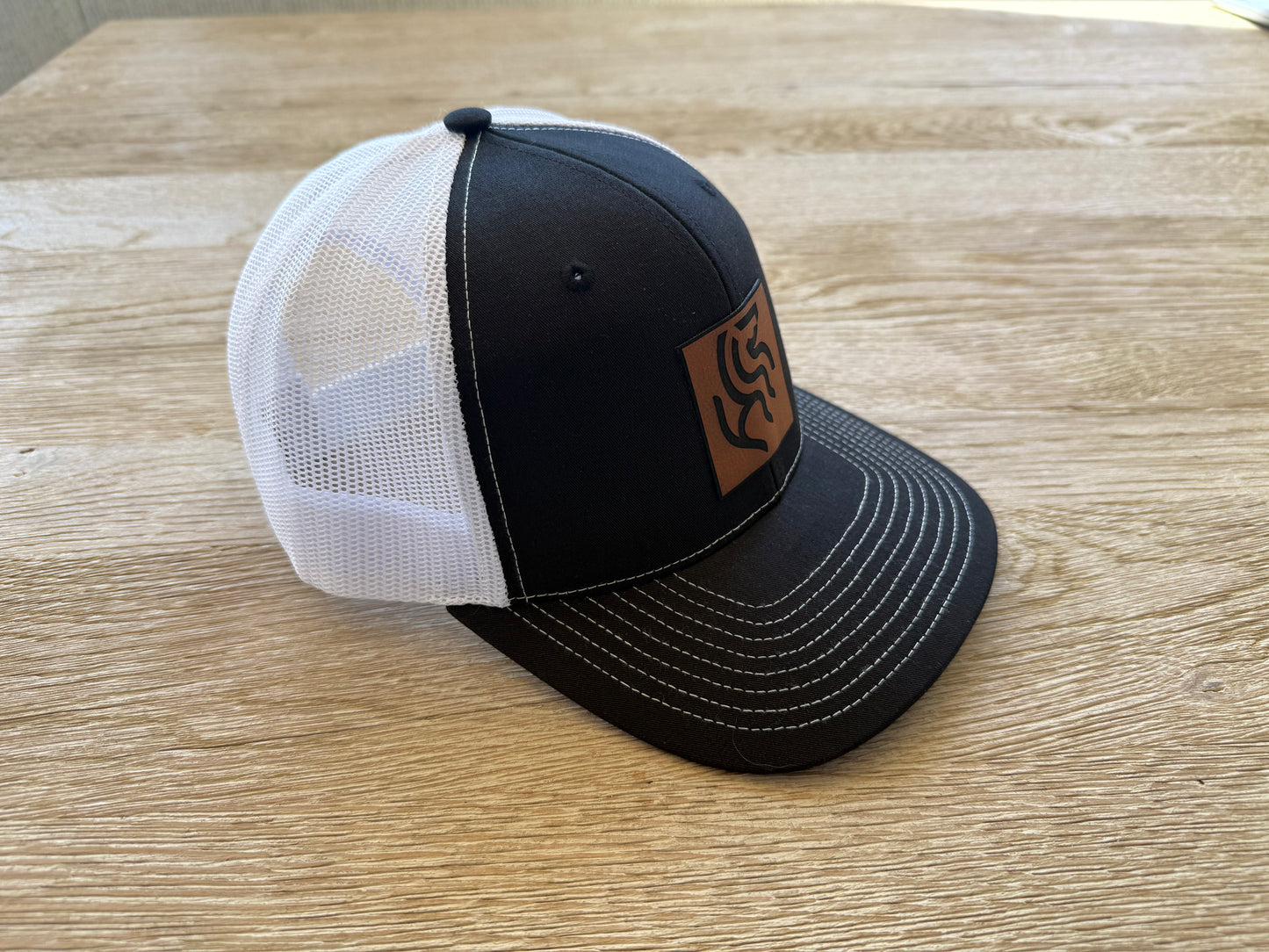 American Reins Leather Patch Trucker Hat - Black + White