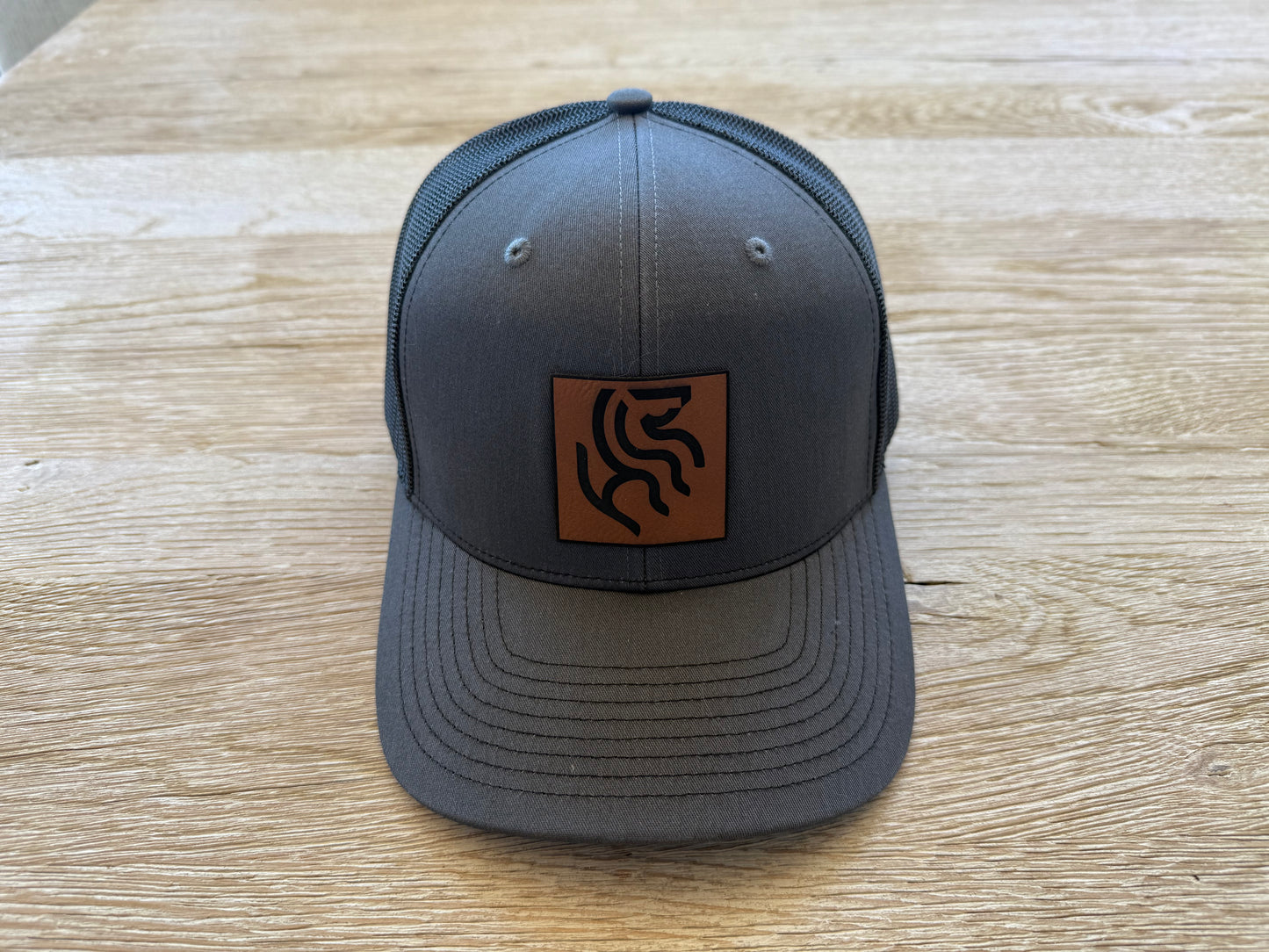 American Reins Leather Patch Trucker Hat - Charcoal + Black