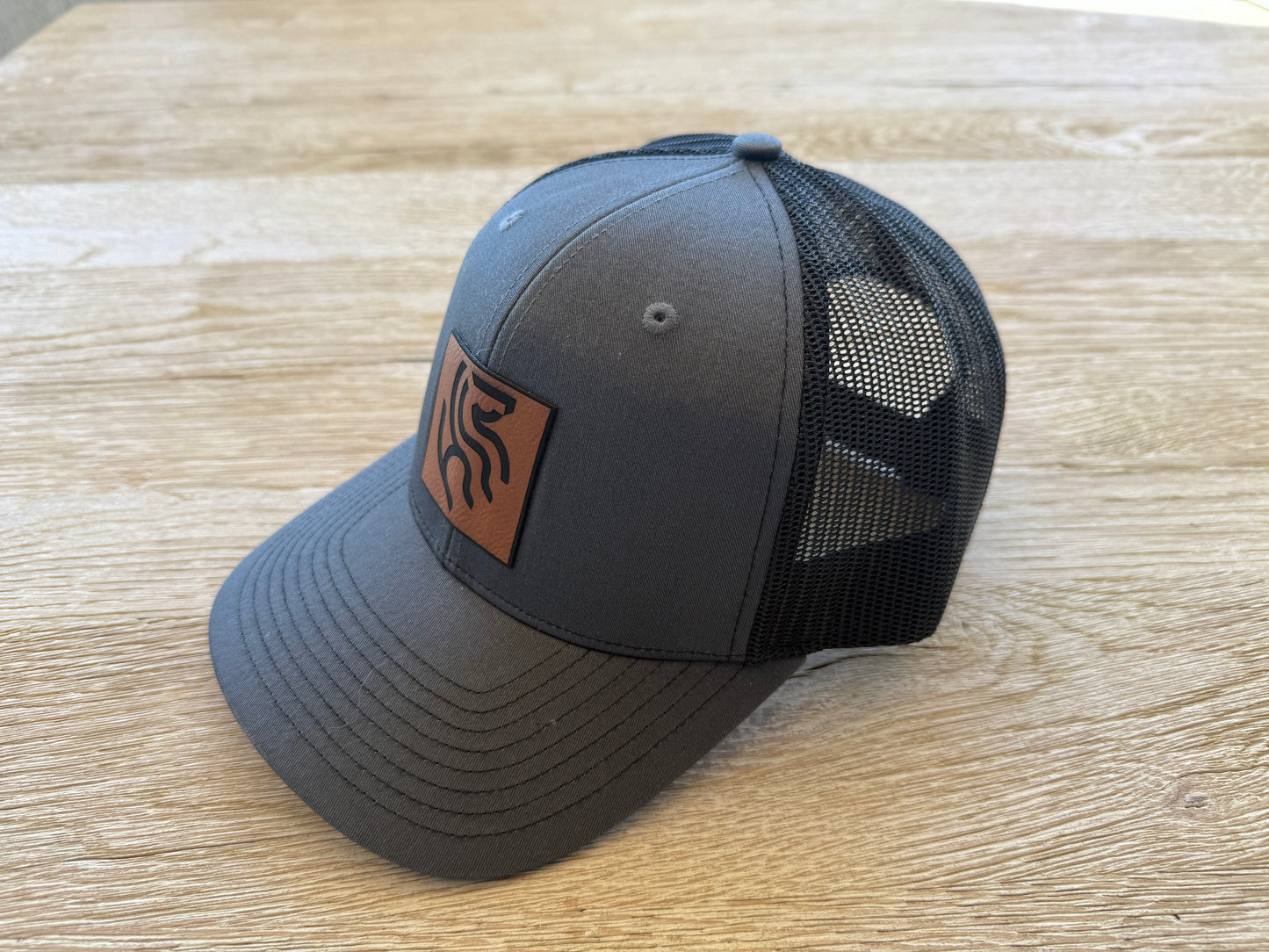 American Reins Leather Patch Trucker Hat - Charcoal + Black