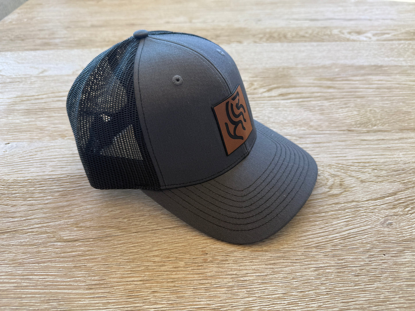 American Reins Leather Patch Trucker Hat - Charcoal + Black