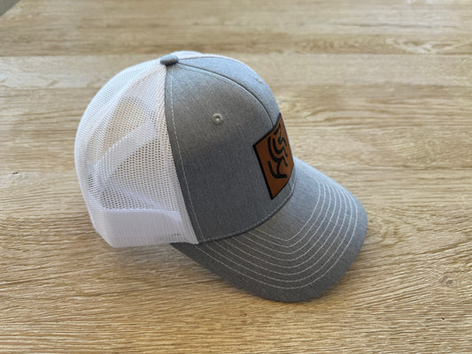 American Reins Leather Patch Trucker Hat - Gray + White