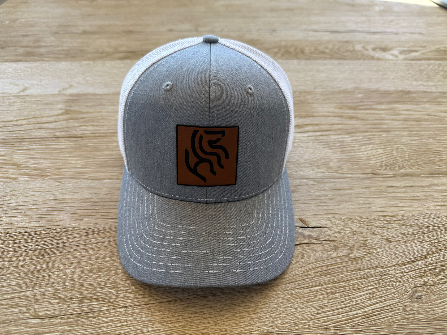 American Reins Leather Patch Trucker Hat - Gray + White