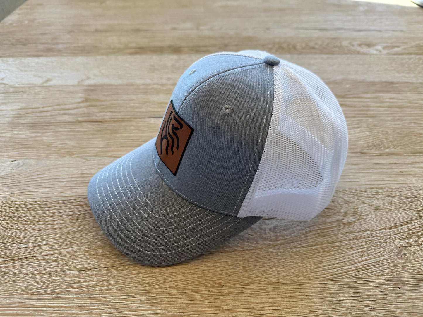 American Reins Leather Patch Trucker Hat - Gray + White