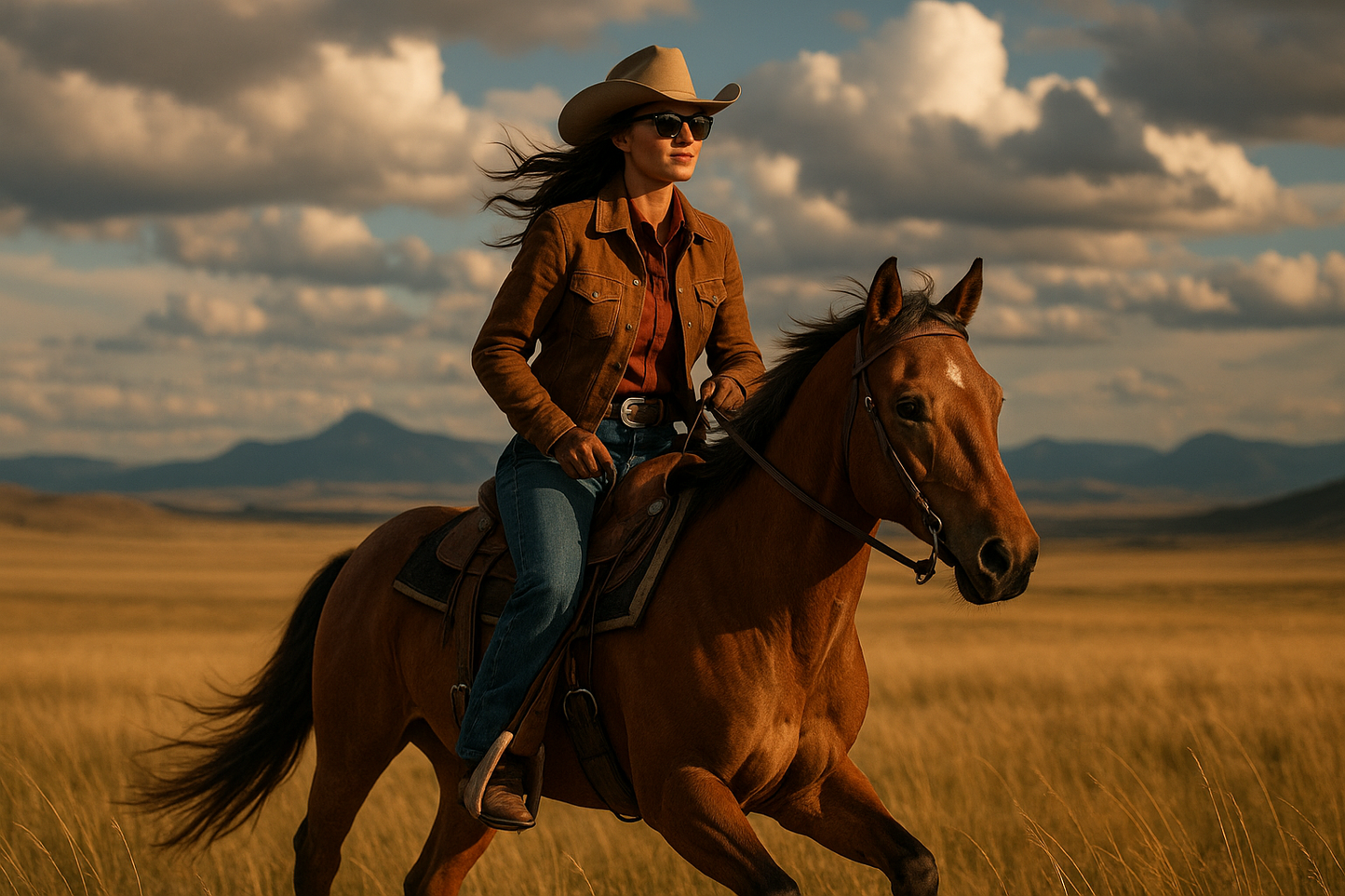 cowgirl riding in montana or wyoming on a horse wearing black sunglasses